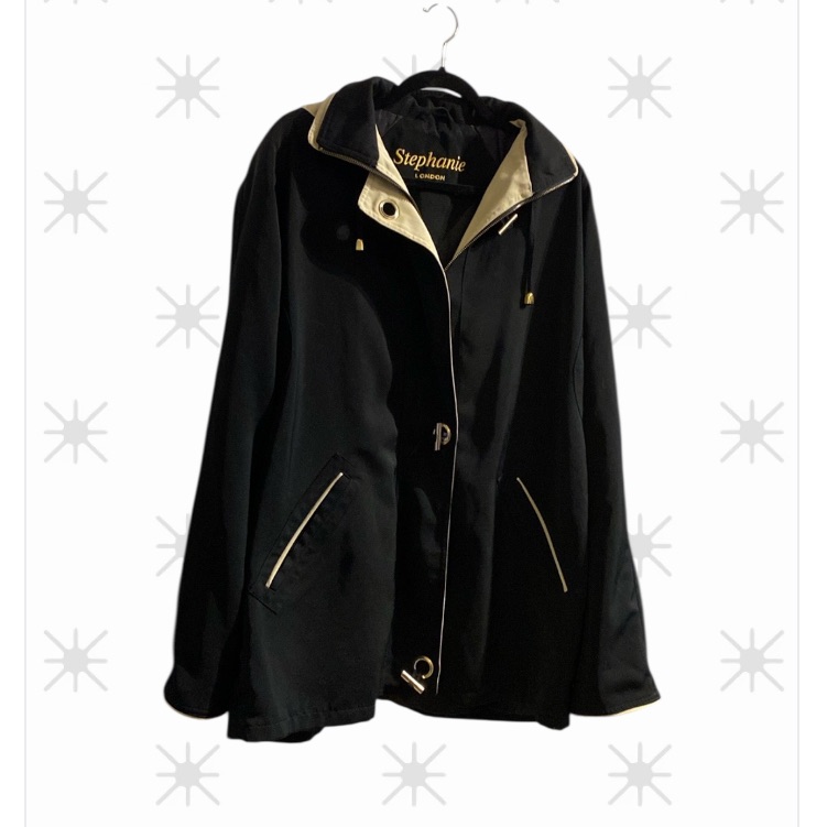 Stephane London Black Rain Jacket W/Removable Hood!!! Gold Metal Toggle Buttons!